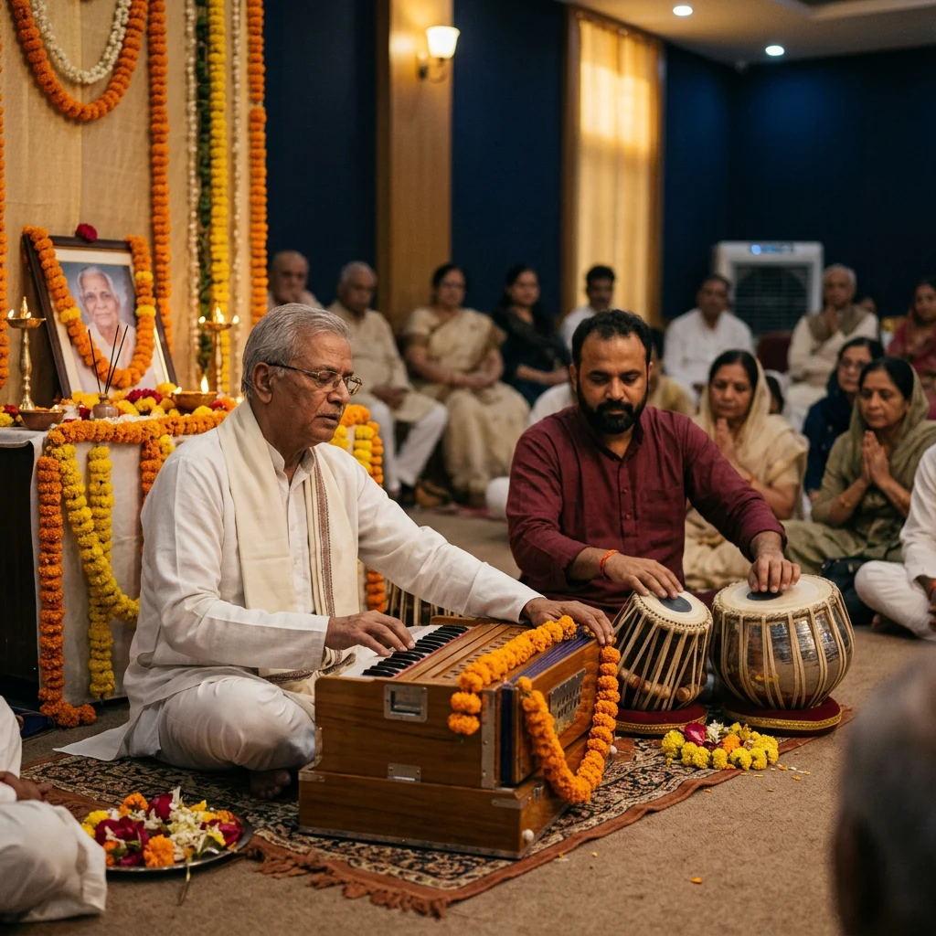 Bhajan and kirtan artists playing harmonium and tabla at a funeral prayer meeting in Delhi NCR